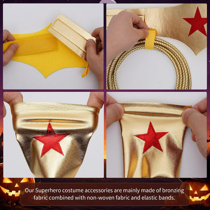 Halloween Woman of Wonder Costume Accessories Cosplay Set: Gold Tiara, Belt, wrist bands, 3 Meters Lasso