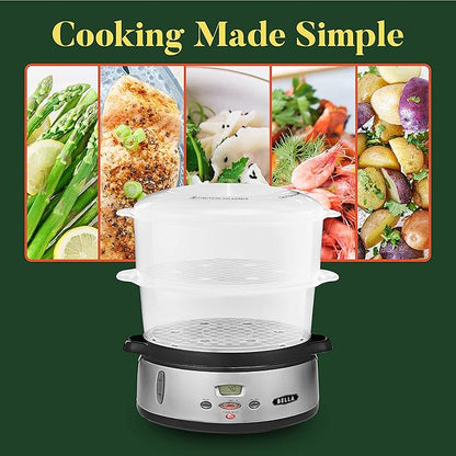 BELLA 9.5 QT Triple Tier Digital Food Steamer, Healthy Fast Simultaneous Cooking, Stackable Baskets for Vegetables or Meats, RiceGrains Tray, Auto Shutoff  Boil Dry Protection, Stainless Steel