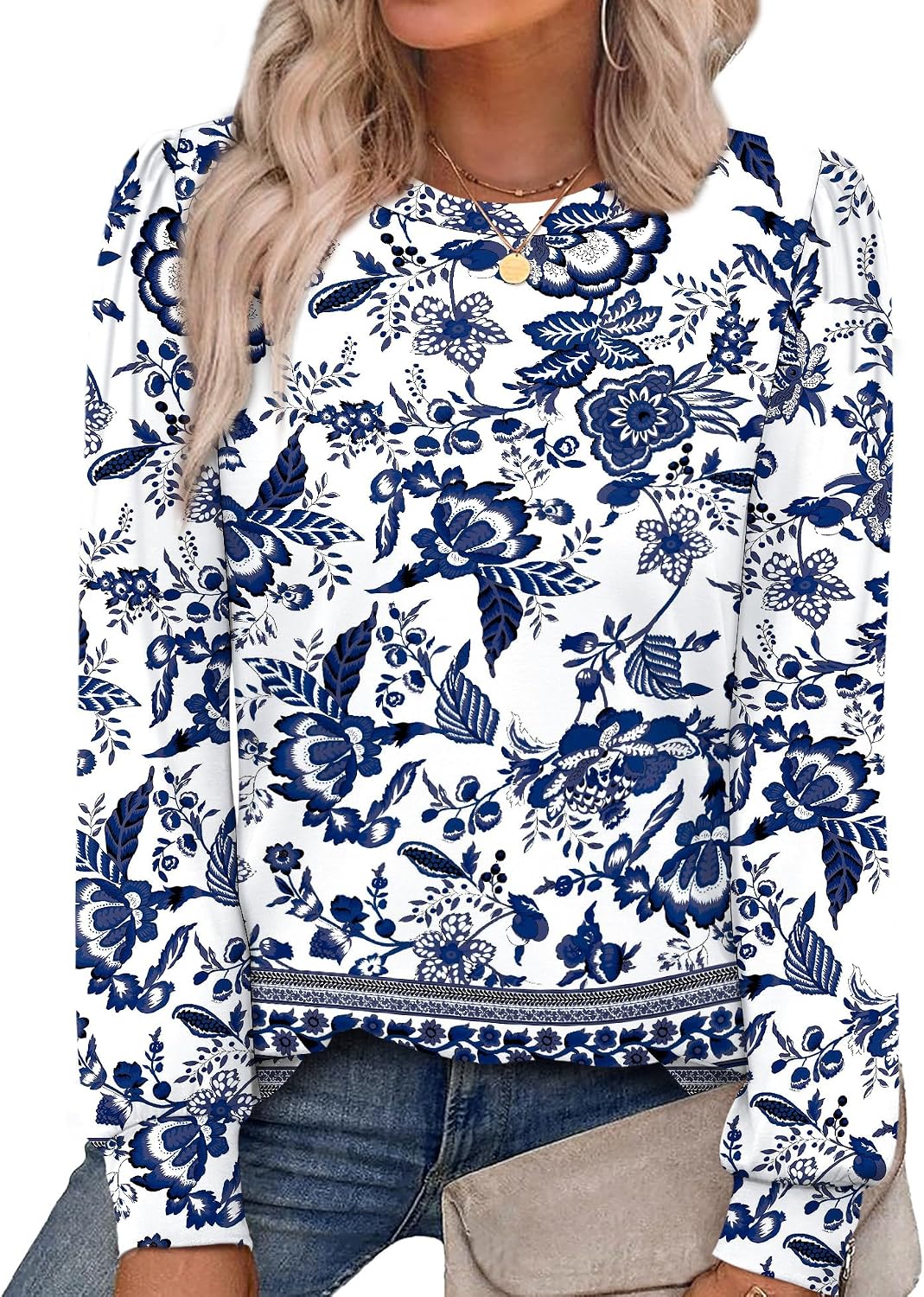 Womens Long Sleeve Shirts 2025 Fall Tunic Tops Crewneck Blouses Print
