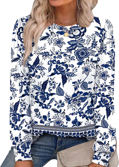 Womens Long Sleeve Shirts 2025 Fall Tunic Tops Crewneck Blouses Print