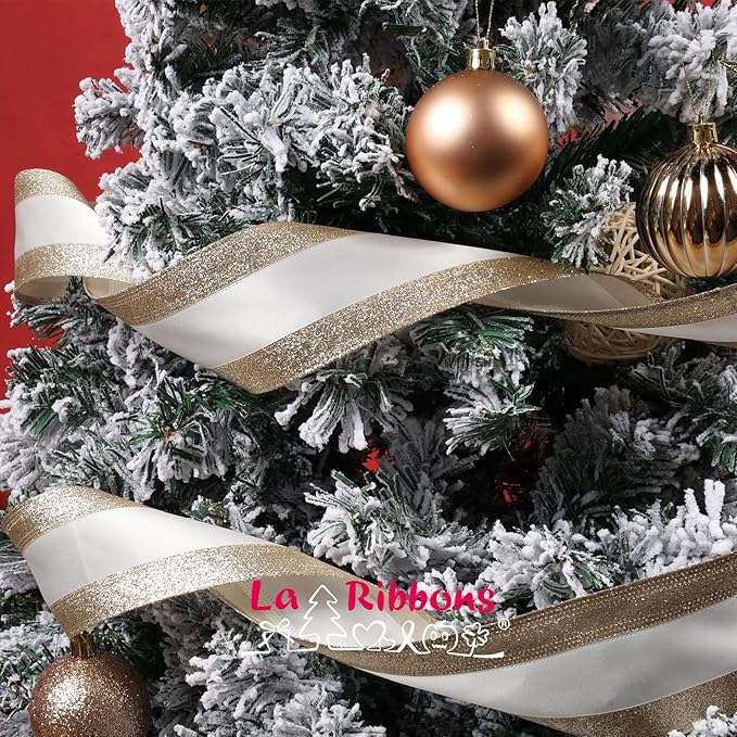 LaRibbons Glitter Wired Ribbon 2.5 Inch Wide 10 Yard Gold Metallic Satin Ribbon for Christmas Tree Garland, Wreath Bow, Craft,Gift Wrapping, Home Decor