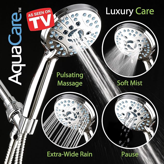 AquaCare High Pressure 8-mode Handheld Shower Head - Anti-clog Nozzles, Built-in Power Wash to Clean Tub, Tile  Pets, Extra Long 6 ft. Stainless Steel Hose, Wall  Overhead Brackets