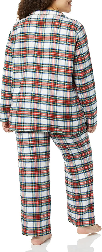 Essentials Women's Flannel Long-Sleeve Button Front Shirt and Pant Pajama Set.