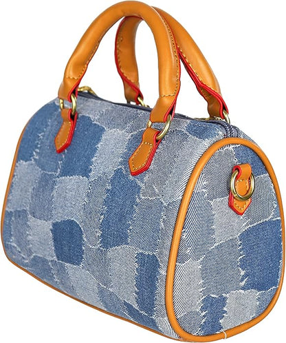 Mini Small Denim Purse Jean Boston Barrel Bags Quilted Checkered Top Handle Canvas Tote Crossbody bags Satchel Handbag for Women,Blue