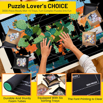 Pohxev Jigsaw Puzzle Mat Roll Up, Saver Pad 53” x 35” Non-Slip Rubber Bottom & Smooth Top Portable Keeper Up to 3000 Pieces with 6 Puzzle Sorting Trays & Travel-Friendly Storage Bag