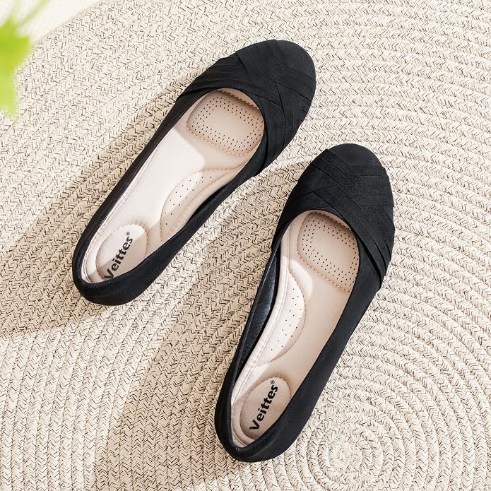Bow Black Veittes Women's Wide Width Dress Round Toe Ballet Flats | Wide Flats for Women Slip On Comfortable Casual Office Business Work