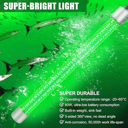 SILANON Underwater Fishing Light Super Bright 40000 Lumens 12V 80W LED Submersible Fishing Light Green Night Fish Attracting Light Waterproof Bait Finder Attractants Boat Lamp for Snook Crappie