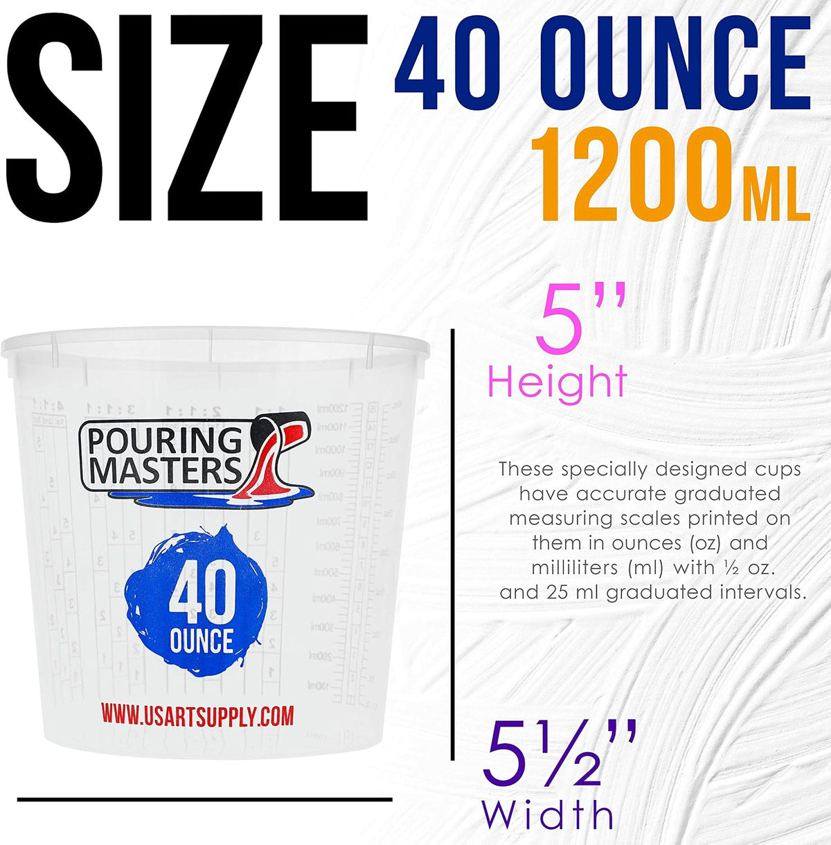 Pouring Masters 40 oz Graduated Plastic Mixing Cups, Box of 10