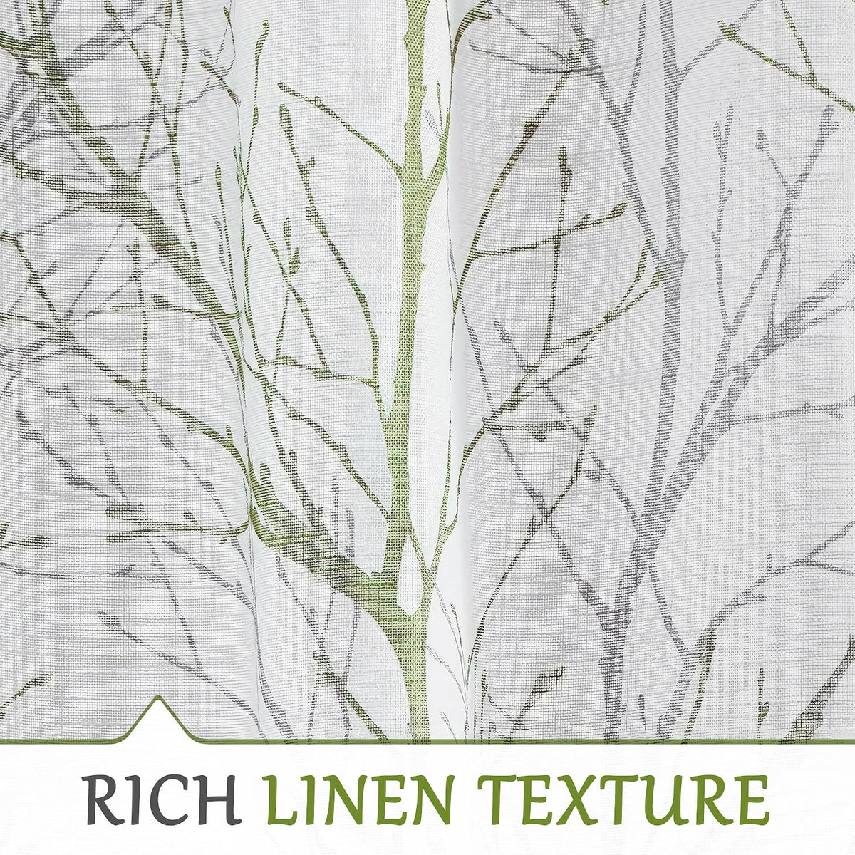 FMFUNCTEX Linen Semi Sheer Curtains for Bedroom, Sage Green White Curtains 84 Inches Long for Living Room, Grey Tree Branch Print Curtain Light Filtering Farmhouse Window Drapes, Grommet Top 2 Panels