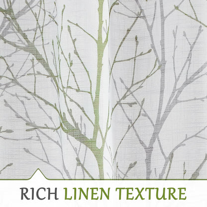 FMFUNCTEX Linen Semi Sheer Curtains for Bedroom, Sage Green White Curtains 84 Inches Long for Living Room, Grey Tree Branch Print Curtain Light Filtering Farmhouse Window Drapes, Grommet Top 2 Panels