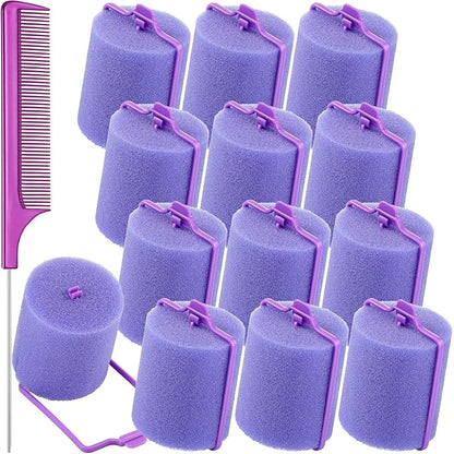 Syhood 12 1.89 Inch Jumbo Foam Sponge Rollers Soft Sleep Curlers Flexible Large Foam Rollers and Rat Tail Comb for Hair Comb (Purple)