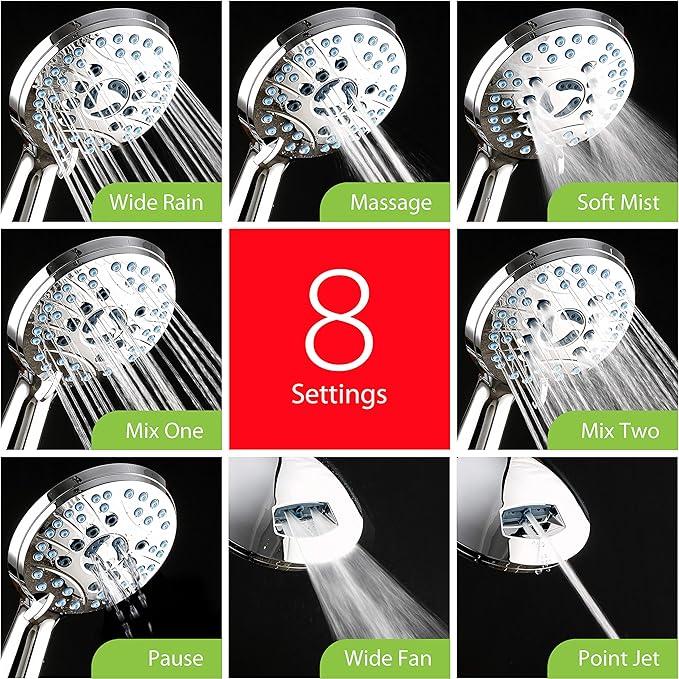 AquaCare High Pressure 8-mode Handheld Shower Head - Anti-clog Nozzles, Built-in Power Wash to Clean Tub, Tile  Pets, Extra Long 6 ft. Stainless Steel Hose, Wall  Overhead Brackets