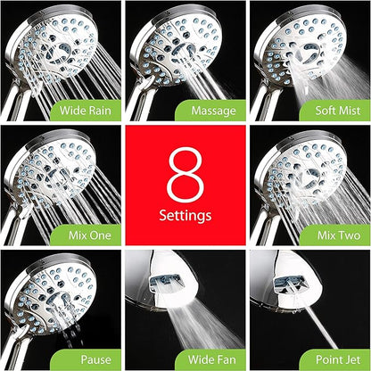 AquaCare High Pressure 8-mode Handheld Shower Head - Anti-clog Nozzles, Built-in Power Wash to Clean Tub, Tile  Pets, Extra Long 6 ft. Stainless Steel Hose, Wall  Overhead Brackets