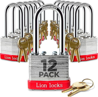 12 Keyed Alike Padlocks with 2" Long Shackle, 24 Keys - Padlocks for Outdoor Use, Locks with Keys, Hardened Steel Case, Pick Resistant Brass Pin Cylinder for Hasp Latch, Locker, Gate