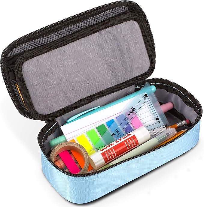 Five Star Pencil Pouch, Pen Case, High-Capacity Zipper Pouch, Storage Organizer for School Supplies Earbuds Chargers Cables Makeup, Blue/Denim