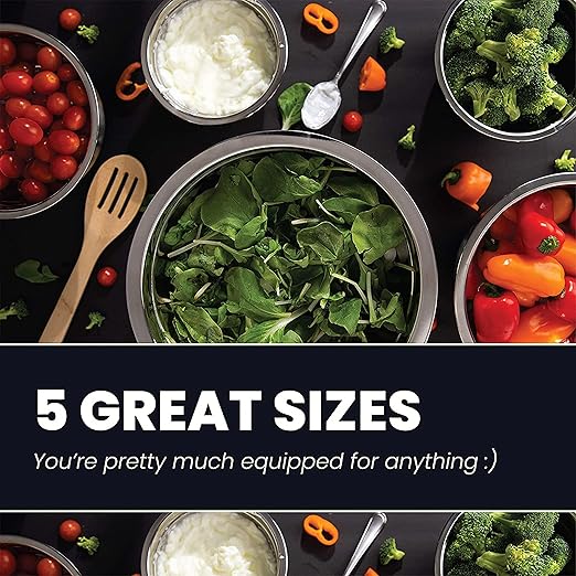 WHYSKO Meal Prep Stainless Steel Mixing Bowl (5-Piece Set) Home, Refrigerator, and Kitchen Food Storage Organizers | Ecofriendly, Heavy Duty, No Lids