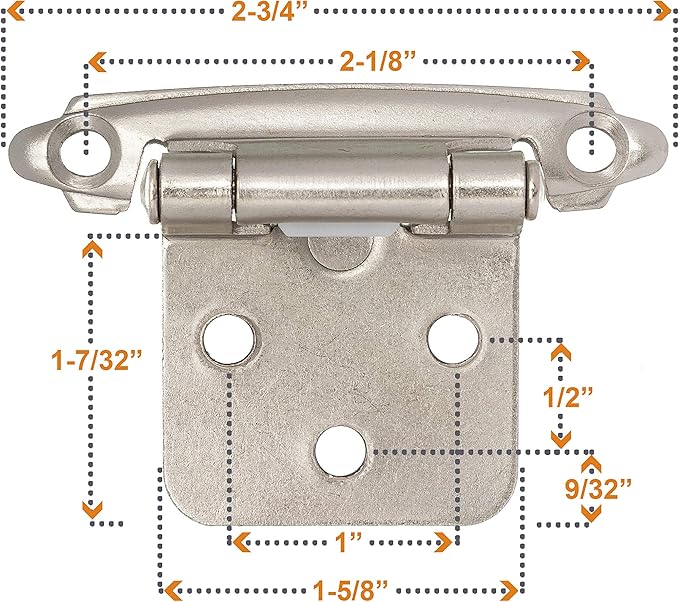 DecoBasics Cabinet Hinges Brushed Nickel for Kitchen Cabinets Doors (25 Pair -50 Pcs) -1/2" Overlay (Variable) -Self Closing Kitchen Cabinet Hinges Flush Mount w/Silicon Bumpers & Hardware Screws