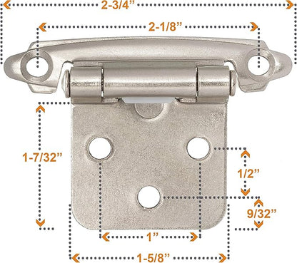DecoBasics Cabinet Hinges Brushed Nickel for Kitchen Cabinets Doors (25 Pair -50 Pcs) -1/2" Overlay (Variable) -Self Closing Kitchen Cabinet Hinges Flush Mount w/Silicon Bumpers & Hardware Screws