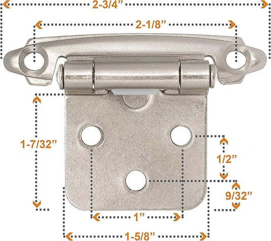 DecoBasics Cabinet Hinges Brushed Nickel for Kitchen Cabinets Doors (25 Pair -50 Pcs) -1/2" Overlay (Variable) -Self Closing Kitchen Cabinet Hinges Flush Mount w/Silicon Bumpers & Hardware Screws