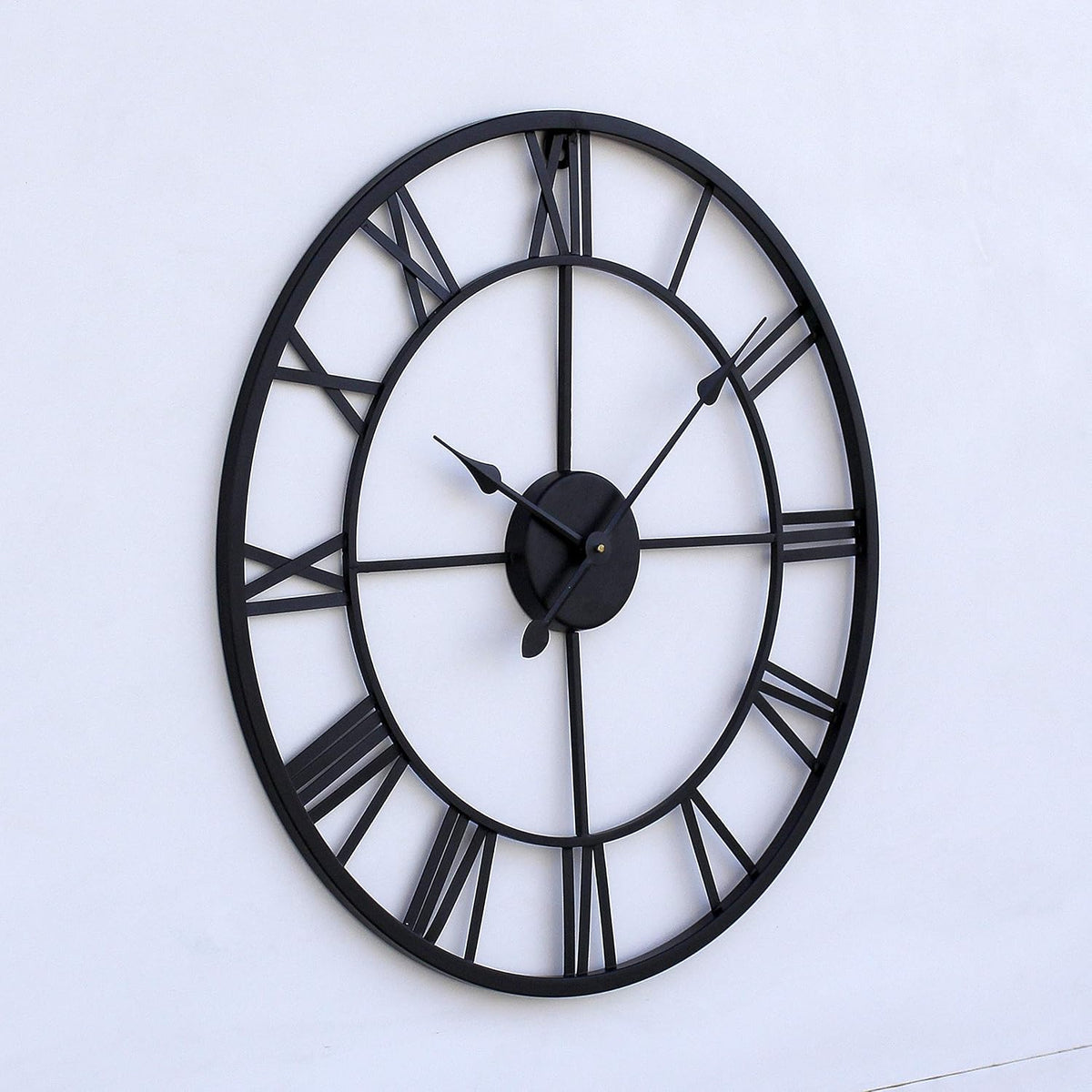 24 Inch Metal Wall Clock for Living Room Bedroom Decor | Cut Out Roman Numeral Medium Wall Clocks | Hand Crafted Analog Watches Home Office Farm House (Black