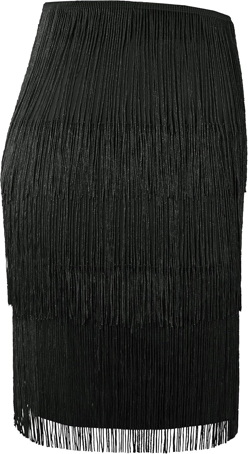 MANER Women’s Fringe Skirt Stretchy Sparkly Bodycon Tassel Trim Mini Skirt l.