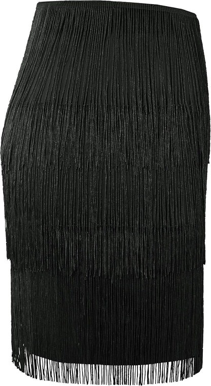 MANER Women’s Fringe Skirt Stretchy Sparkly Bodycon Tassel Trim Mini Skirt l.
