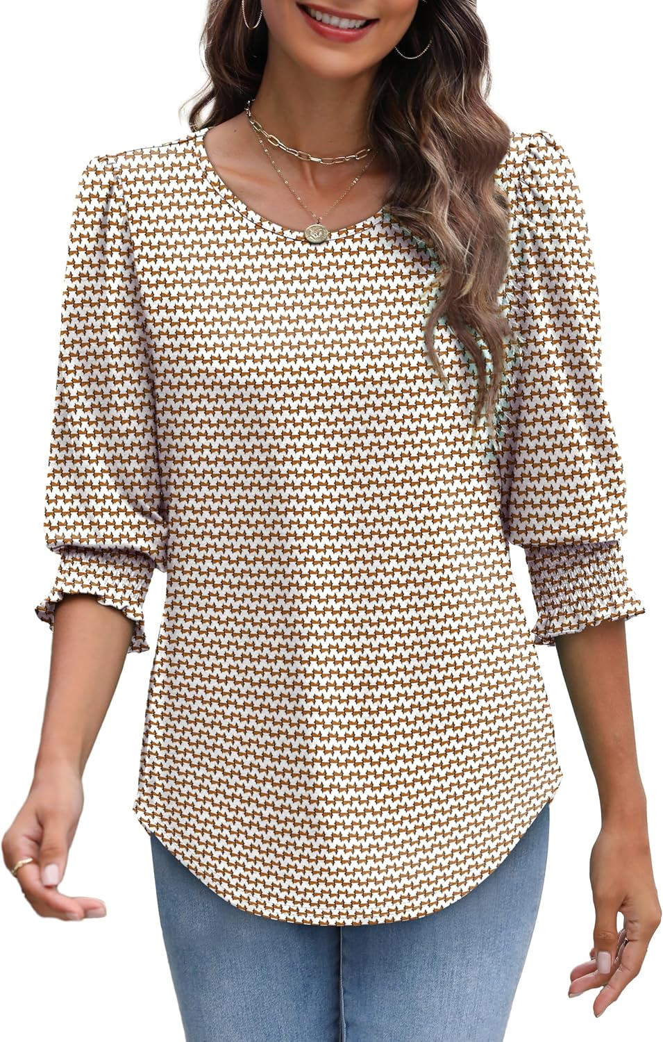 OFEEFAN Blouses for Women Dressy Casual 3/4 Length Sleeve Womens Tops with Smocked Cuffs.