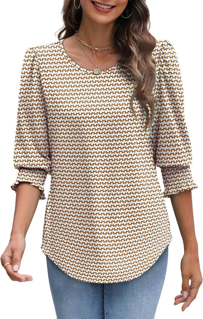 OFEEFAN Blouses for Women Dressy Casual 3/4 Length Sleeve Womens Tops with Smocked Cuffs.