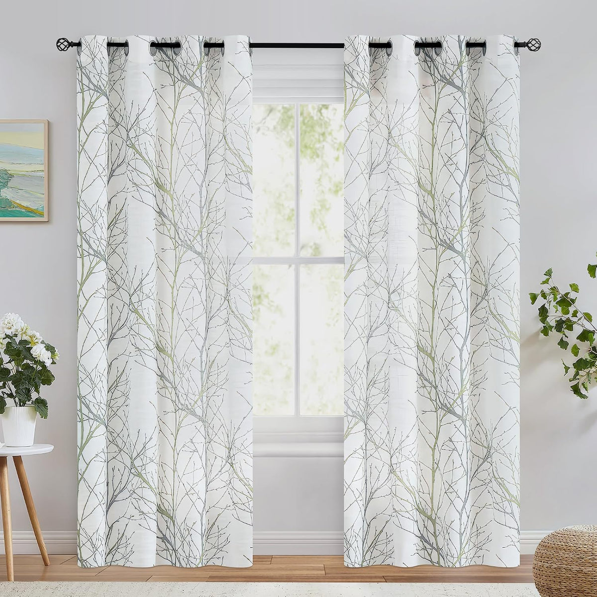 FMFUNCTEX Linen Semi Sheer Curtains for Bedroom, Sage Green White Curtains 84 Inches Long for Living Room, Grey Tree Branch Print Curtain Light Filtering Farmhouse Window Drapes, Grommet Top 2 Panels