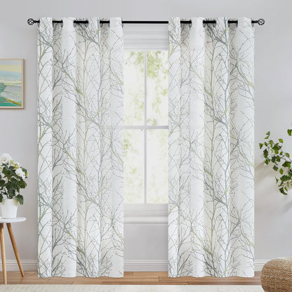FMFUNCTEX Linen Semi Sheer Curtains for Bedroom, Sage Green White Curtains 84 Inches Long for Living Room, Grey Tree Branch Print Curtain Light Filtering Farmhouse Window Drapes, Grommet Top 2 Panels