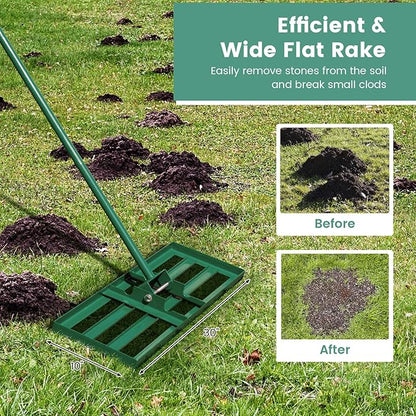 Lawn Leveling Rake, 30"/36"/42" x 10" Professional Grade Soil Distribution Rake w/67 Ergonomic Handle, Adjustable Soil Level Tool for Golf Courses, Gardens, Farms & Backyards (30", Green)