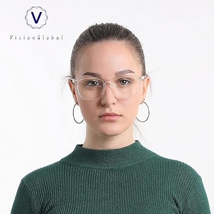 VisionGlobal Blue Light Blocking Glasses for WomenMen, Stylish Square Frame, Anti Glare (Clear, 1.50 Magnification)