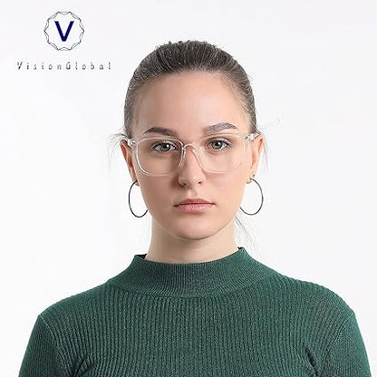 VisionGlobal Blue Light Blocking Glasses for WomenMen, Stylish Square Frame, Anti Glare (Clear, 1.50 Magnification)