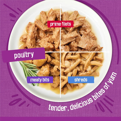 Purina Friskies Wet Cat Food Variety Pack, Poultry, (32) 5.5 oz Cans Shreds, Meaty Bits and Prime Filets recipes, high-protein cat food in gravy, made with real chicken or turkey