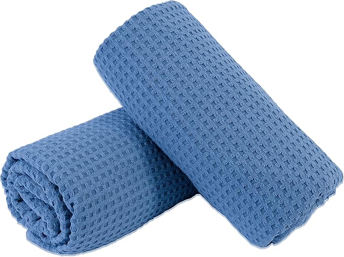 POLYTE Microfiber Oversize Quick Dry Lint Free Bath Towel, 60 x 30 in, Set of 2 (Blue, Waffle Weave)