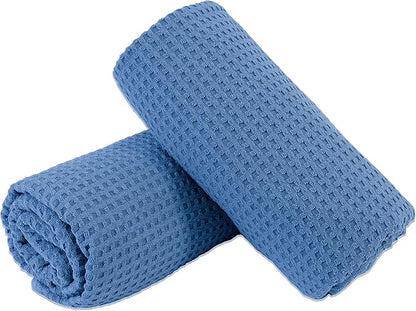 POLYTE Microfiber Oversize Quick Dry Lint Free Bath Towel, 60 x 30 in, Set of 2 (Blue, Waffle Weave)