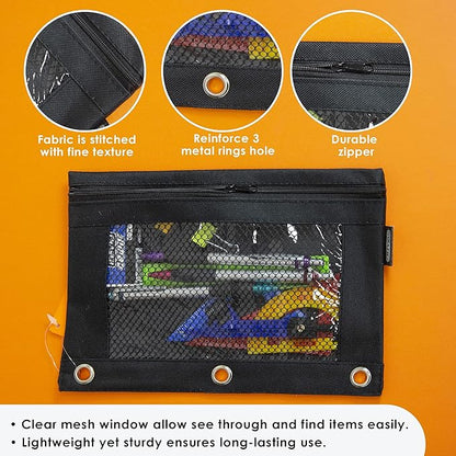 BAZIC Pencil Pouch 3 Ring Binder Pouch w Rivet Enforced Rings Hole, Black Mesh Window Zipper Pouches, 1-Count