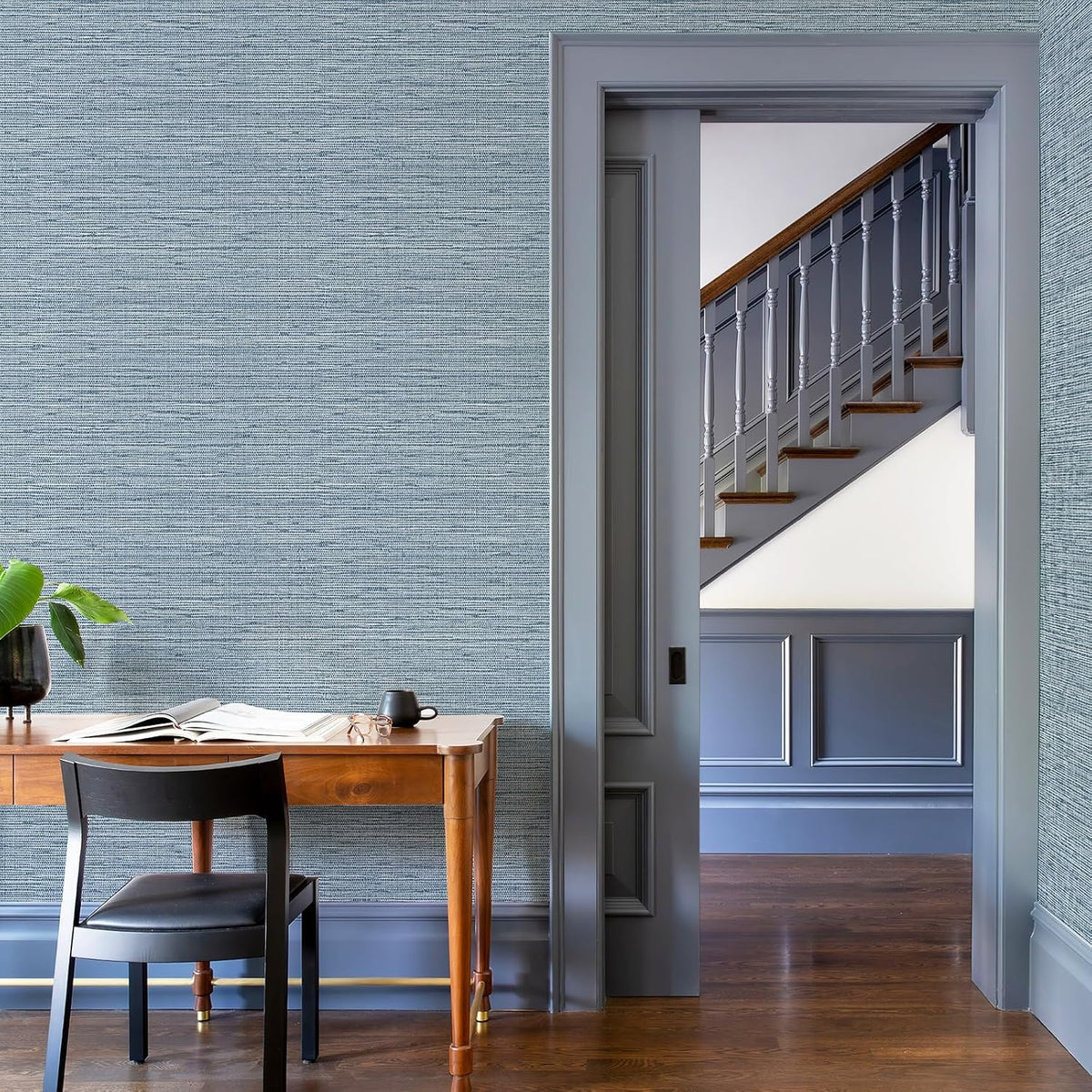 Grasscloth Peel and Stick Wallpaper 17.3" x 197" Blue Textured Grasscloth Wall Paper Renter Friendly Wallpaper Self Adhesive Removable for Bathroom Bedroom
