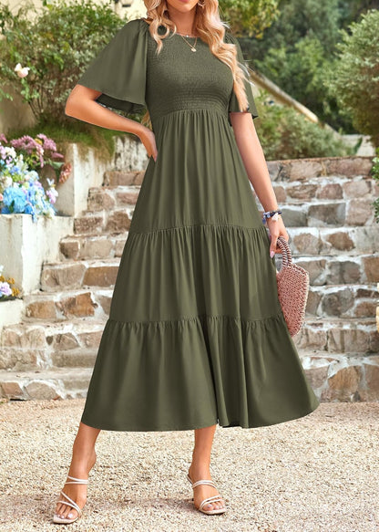 KIRUNDO Summer Dresses for Women 2026 Spring Casual Flutter Short Sleeve Wedding Guest Smocked Flowy Tiered Aline Midi Dress