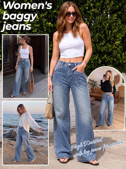 Size 8-10 US EMMIOL Baggy Jeans Women High Waisted Wide Leg Jeans | Patchwork Pockets,Y2K Boyfriend Denim Pants,Back to School Outfits for women