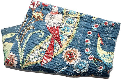 Somukara Indian Hand Block Animal Print Kantha Quilt Handmade Cotton Queen Size Kantha Bedding Throw Kantha Bohemian Blanket Bed Cover Kantha Bedspread Gudari (Blue)