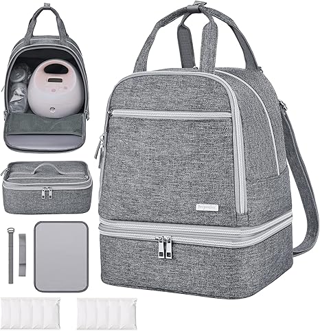 Derbiedersinn Spectra Pump Bag with Cooler for Milk Storage, Insulated Pump Bag for Travel, Work, Daycare, Compatible with Wearable & Electric Breast Pumps,Grey