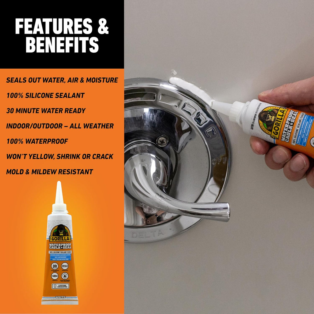 Gorilla 100% Silicone Caulk, Waterproof Sealant, 2.8oz Squeeze Tube (Pack of 1) – White -10 Year Mold Resistant Kitchen, Window, Bath, Marine, Door and More