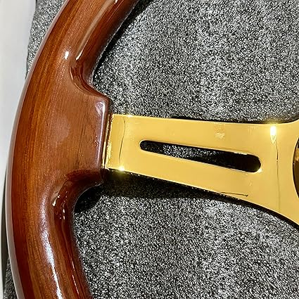 14" Universal Classic Wood Grain Steering Wheel Gold Chrome 3 Spoke 1.5 Depth Steering Wheel 350mm with Horn Button 6 bolts (-11)