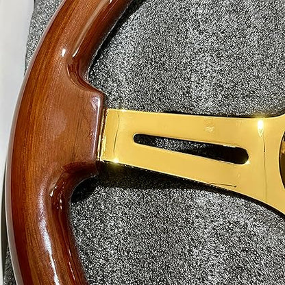 14" Universal Classic Wood Grain Steering Wheel Gold Chrome 3 Spoke 1.5 Depth Steering Wheel 350mm with Horn Button 6 bolts (-11)