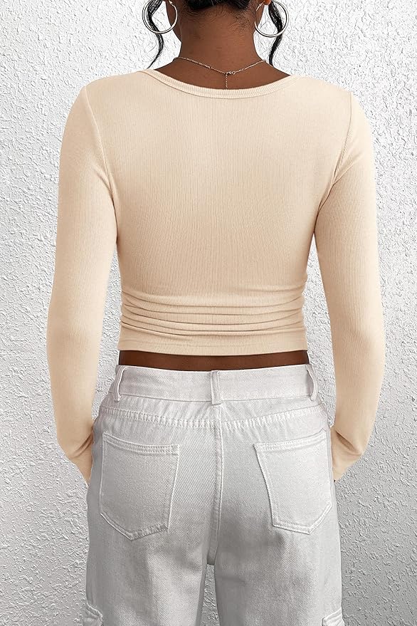 PRETTYGARDEN Women's 2025 Summer Fall Long Sleeve Henley T Shirts Button Ribbed Knit Slim Fit Casual Basic Tops Blouse