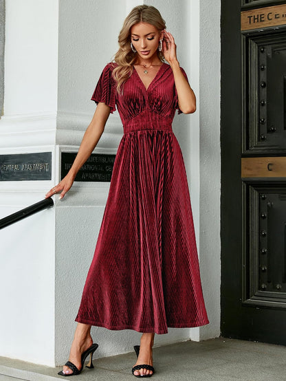 Simplee Women’s V Neck Velvet Maxi Dress Short Sleeve Empire Waist Long Formal Dress for Wedding Guest