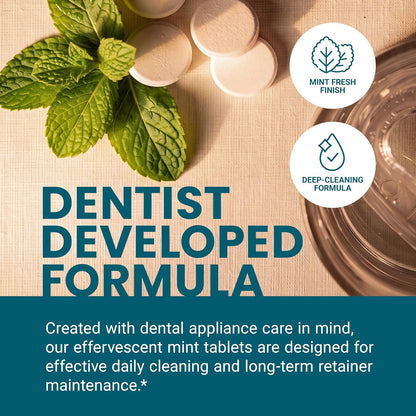 Extra-strength cleaning tablets for dental appliances; remove odors, discoloration, stains, and plaque for a fresh, clear look.