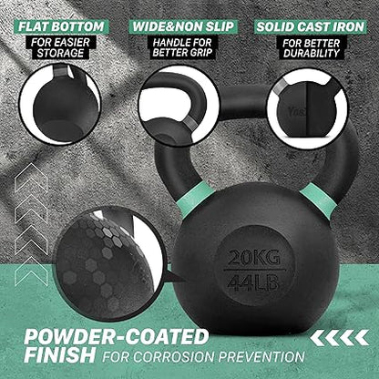 Yes4All Powder Coated Cast Iron Kettlebell Strength Training Kettlebells Weight Set for Full Body Workout, Home Gym (44LBS)