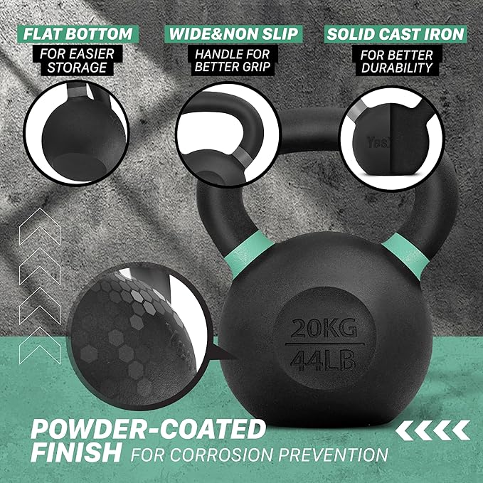 Yes4All Powder Coated Kettlebell, Cast Iron Core Kettlebells with Non-Slip Handle & Flat Bottom for Conditioning, Heavy Duty for Strength Training, 9lb to 71lb - Single